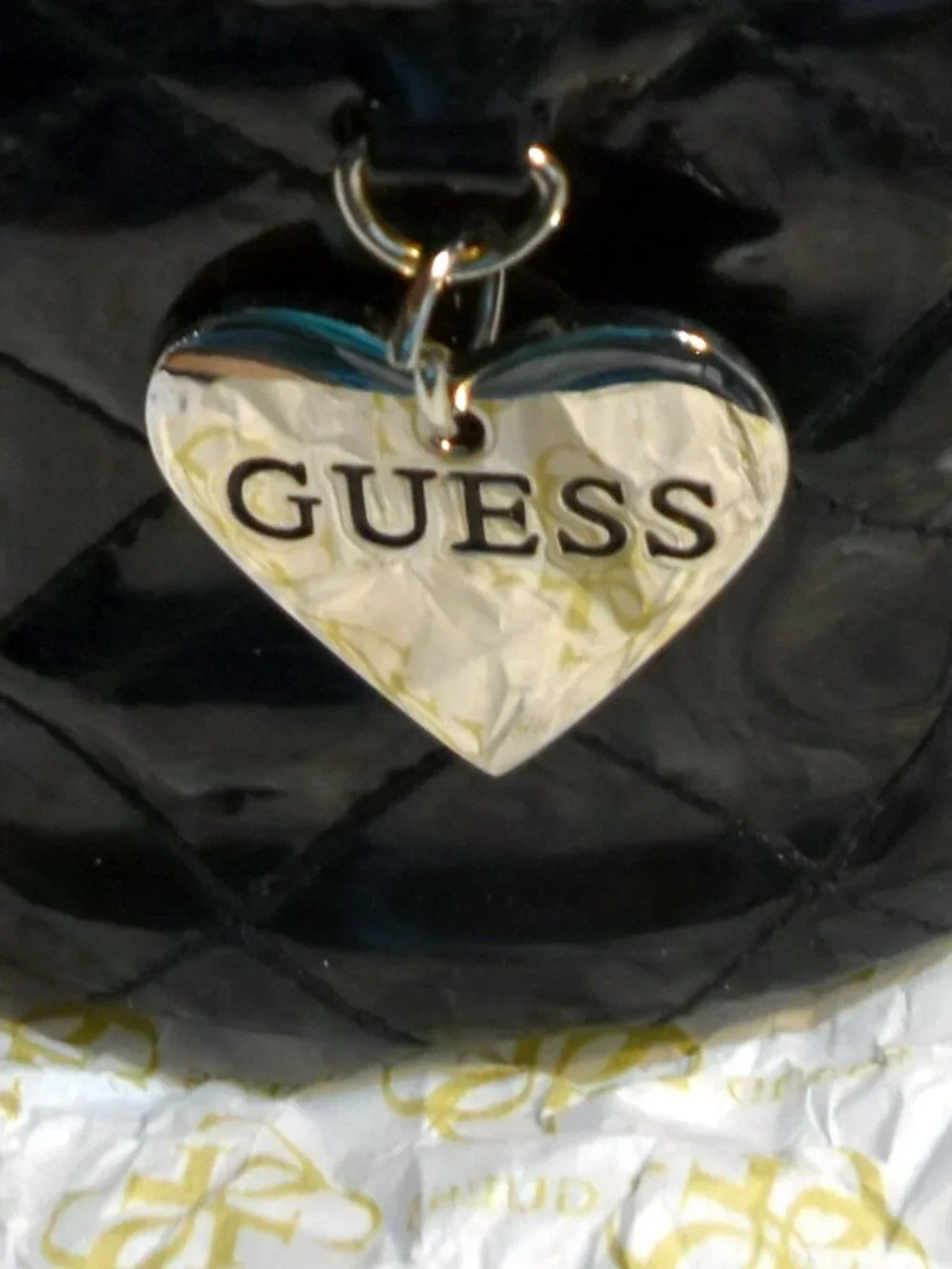 GUESS Black Quilted Patent Drawstring Storage Pouch w/ Heart Charm New